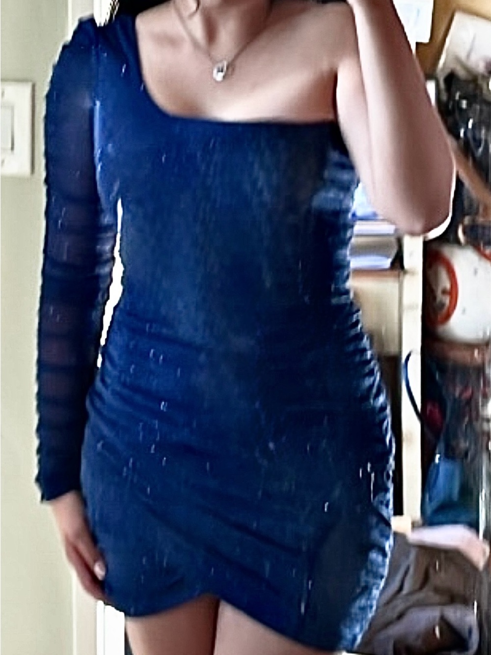 Windsor One-Shoulder Navy Blue Ruched Mini Dress with Mesh Sleeve